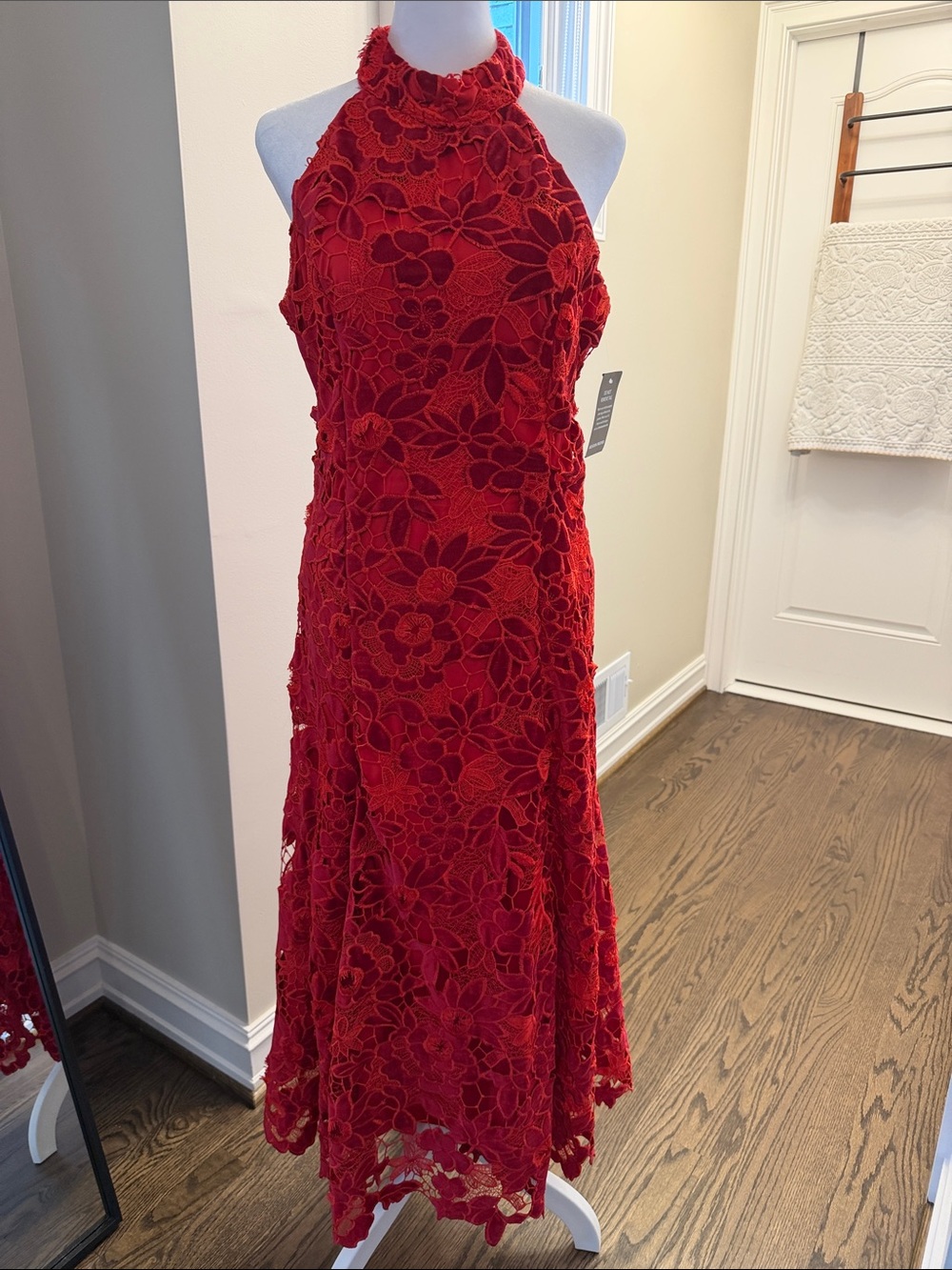 Boston Proper Red Floral Lace Halter Midi Dress
